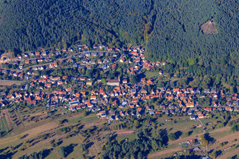 Aerial photograpy of Village view in the Palatinate Forest from the south in Birkenhördt in the state Rhineland-Palatinate, Germany