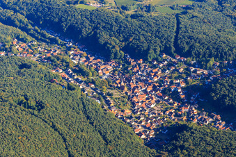 Village overview hidden in the Palatinate Forest from the northwest in Dörrenbach in the state Rhineland-Palatinate, Germany