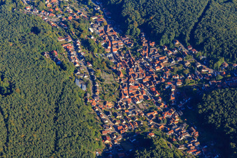 Aerial view of Village overview hidden in the Palatinate Forest in Dörrenbach in the state Rhineland-Palatinate, Germany