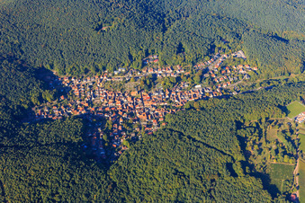 Aerial view of Village overview hidden in the Palatinate Forest from the south in Dörrenbach in the state Rhineland-Palatinate, Germany
