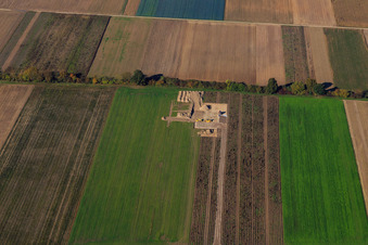Construction site wind turbine foundation in Hatzenbühl in the state Rhineland-Palatinate, Germany from the plane