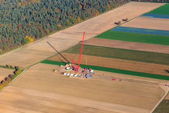 Aerial view of Construction site at the wind turbine foundation with crane in the wind farm Hatzenbühl in Hatzenbühl in the state Rhineland-Palatinate, Germany