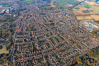 Aerial view of City overview from the south in Schifferstadt in the state Rhineland-Palatinate, Germany