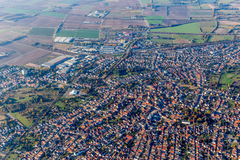 Oblique view of City area with outside districts and inner city area in Schifferstadt in the state Rhineland-Palatinate, Germany