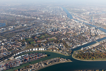 Aerial photograpy of Kaiserwörthhafen in the district Mundenheim in Ludwigshafen am Rhein in the state Rhineland-Palatinate, Germany