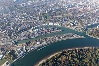 Oblique view of Kaiserwörthhafen in the district Mundenheim in Ludwigshafen am Rhein in the state Rhineland-Palatinate, Germany