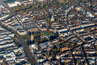 Aerial view of Augustaanlage water tower in the district Oststadt in Mannheim in the state Baden-Wuerttemberg, Germany