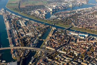Quays and boat moorings at the port of the inland port of the Rhine river in the district Muehlauhafen in Mannheim in the state Baden-Wurttemberg, Germany