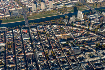 Aerial view of City center in the downtown area on the banks of river course of the river Neckar in the district Quadrate in Mannheim in the state Baden-Wurttemberg, Germany