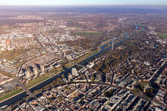 Aerial view of Neckar bridges in the district Oststadt in Mannheim in the state Baden-Wuerttemberg, Germany