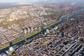 Aerial photograpy of Neckar bridges in the district Oststadt in Mannheim in the state Baden-Wuerttemberg, Germany
