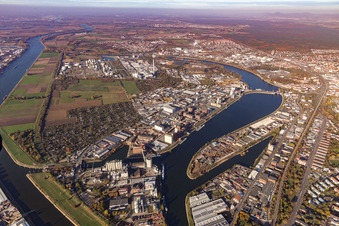 Oblique view of Friesenheimer Insel industrial port in the district Neckarstadt-West in Mannheim in the state Baden-Wuerttemberg, Germany