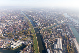 Aerial view of Jungbusch Bridge in the district Neckarstadt-West in Mannheim in the state Baden-Wuerttemberg, Germany