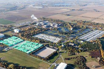 BASF wastewater treatment plant in the district Mörsch in Frankenthal in the state Rhineland-Palatinate, Germany from the drone perspective