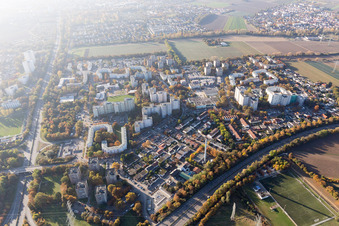 Aerial view of High-rise ensemble on the London Ring in the district Pfingstweide in Ludwigshafen am Rhein in the state Rhineland-Palatinate, Germany