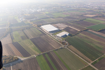Aerial view of Construction site to build a new building complex on the site of the logistics center of  Inc. in Frankenthal in the state Rhineland-Palatinate