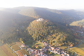 Hambach Castle in the district Diedesfeld in Neustadt an der Weinstraße in the state Rhineland-Palatinate, Germany from a drone