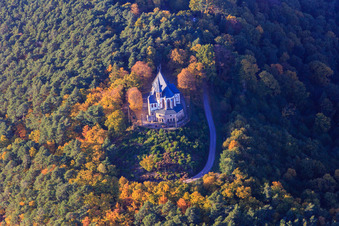 Aerial view of St. Anne's Chapel in the autumn forest in Burrweiler in the state Rhineland-Palatinate, Germany