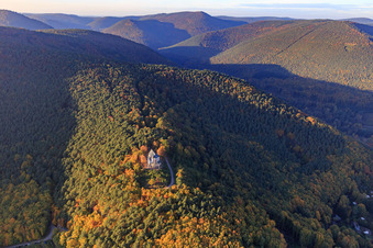 Aerial photograpy of St. Anne's Chapel in the autumn forest in Burrweiler in the state Rhineland-Palatinate, Germany