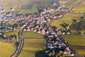 Aerial view of Village - view on the edge of agricultural fields and farmland in Gleisweiler in the state Rhineland-Palatinate, Germany