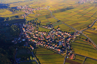 Wine-growing village on the edge of the Haardt in autumn colours from the south in Gleisweiler in the state Rhineland-Palatinate, Germany