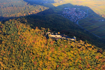 Bird's eye view of Madenburg castle ruins in the autumn forest at evening light in Eschbach in the state Rhineland-Palatinate, Germany