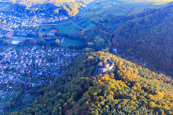 Aerial view of Castle ruins of Landeck Castle in the autumn forest at evening light in Klingenmünster in the state Rhineland-Palatinate, Germany