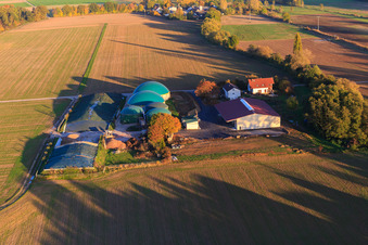 Aerial view of Aussiedlerhof Wagner GmbH with biogas storage facilities in Steinweiler in the state Rhineland-Palatinate, Germany