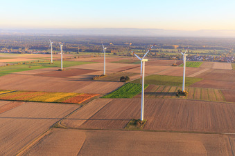 Drone image of Minfeld wind farm in Minfeld in the state Rhineland-Palatinate, Germany