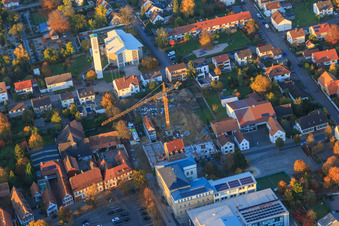 Aerial photograpy of Construction site for residential and commercial buildings after demolition between Marktstraße and Goethestr in Kandel in the state Rhineland-Palatinate, Germany