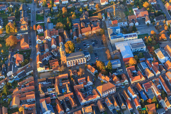 Plätzel, St. George's Church, town hall and primary school on the market square from the south in Kandel in the state Rhineland-Palatinate, Germany