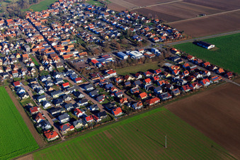 Aerial view of New development area Brotäcker from the southwest in Steinweiler in the state Rhineland-Palatinate, Germany