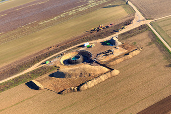 Bird's eye view of Construction site wind turbine foundation in Hatzenbühl in the state Rhineland-Palatinate, Germany