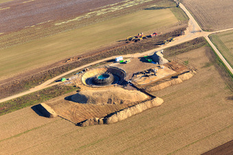 Drone recording of Construction site wind turbine foundation in Hatzenbühl in the state Rhineland-Palatinate, Germany