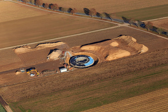 Construction site wind turbine foundation in Hatzenbühl in the state Rhineland-Palatinate, Germany from a drone