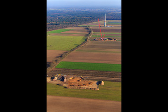 Construction site wind turbine foundation in Hatzenbühl in the state Rhineland-Palatinate, Germany seen from a drone