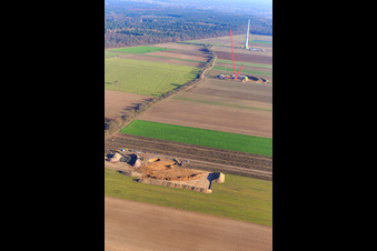 Aerial view of Construction site wind turbine foundation in Hatzenbühl in the state Rhineland-Palatinate, Germany