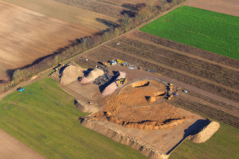Oblique view of Construction site wind turbine foundation in Hatzenbühl in the state Rhineland-Palatinate, Germany
