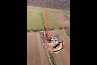 Oblique view of Construction site for wind turbine installation in Hatzenbuehl in the state Rhineland-Palatinate, Germany
