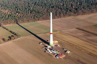 Construction site for wind turbine installation in Hatzenbuehl in the state Rhineland-Palatinate, Germany from above