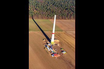 Aerial view of Wind turbine mast construction site in Hatzenbühl in the state Rhineland-Palatinate, Germany