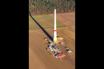 Aerial photograpy of Wind turbine mast construction site in Hatzenbühl in the state Rhineland-Palatinate, Germany