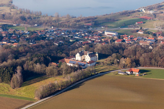 Village on the lake bank areas of Rottauensee in Postmuenster in the state Bavaria, Germany
