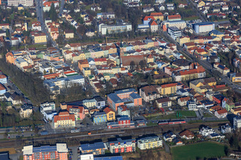 City center within the ring road and train station from the south in Pfarrkirchen in the state Bavaria, Germany