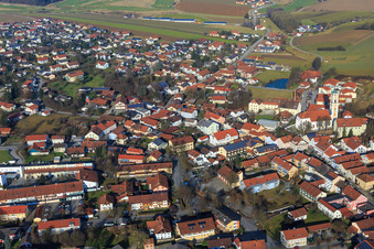 Hofmark and Church of the Assumption of Mary from the south in Bad Birnbach in the state Bavaria, Germany