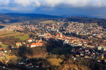 Aerial view of Spa town from the southwest with castle and church of the Holy Family in the district Bad Griesbach in  Rottal in Bad Griesbach im Rottal in the state Bavaria, Germany