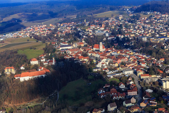 Spa town from the southwest with school hill, castle and church of the Holy Family in the district Bad Griesbach in  Rottal in Bad Griesbach im Rottal in the state Bavaria, Germany