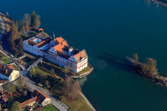 Aerial view of Castle Neuhaus am Inn with secondary school Maria Ward Neuhaus on an island in the Inn in Neuhaus am Inn in the state Bavaria, Germany