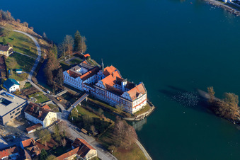 Aerial photograpy of Castle Neuhaus am Inn with secondary school Maria Ward Neuhaus on an island in the Inn in Neuhaus am Inn in the state Bavaria, Germany