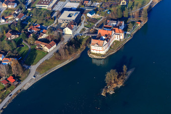 Castle Neuhaus am Inn with secondary school Maria Ward Neuhaus on an island in the Inn in Neuhaus am Inn in the state Bavaria, Germany seen from above